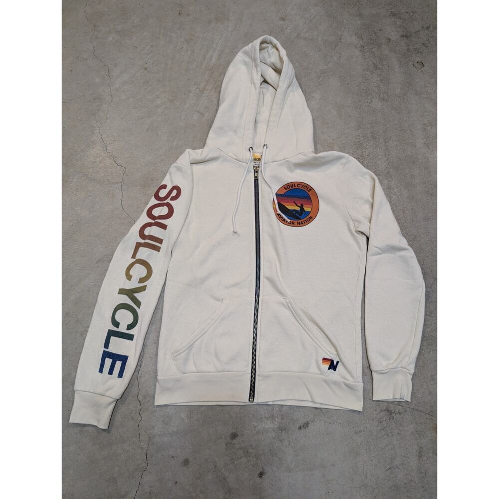 Aviator Nation Cream Zip Hoodie with Rainbow SoulCycle Graphics